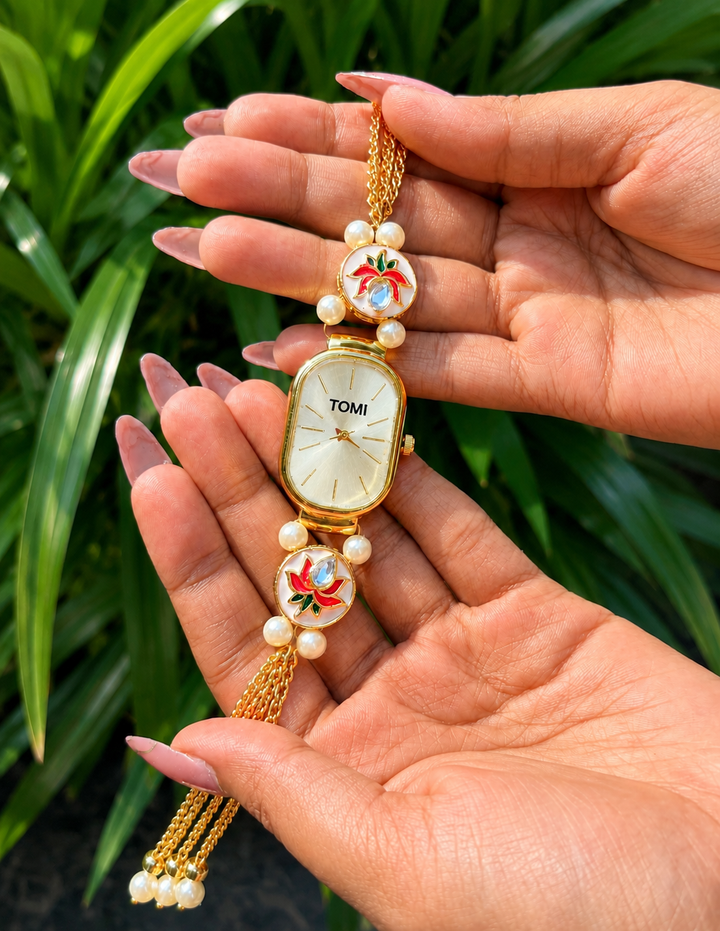 Lotus Meenakari Pearl Watch | Traditional Kundan Watch for Women