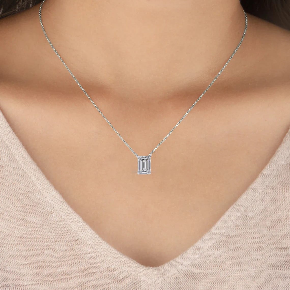Rectangular Emerald Cut Diamond Necklace | 925 Sterling Silver