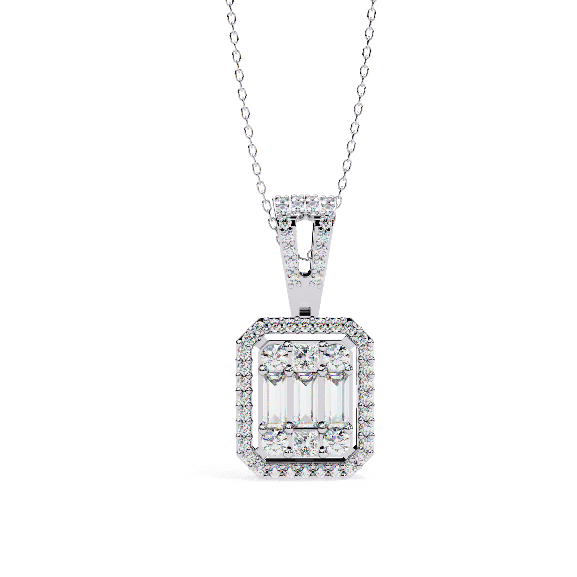 Royal Gleam Baguette Halo Necklace | 925 Sterling Silver