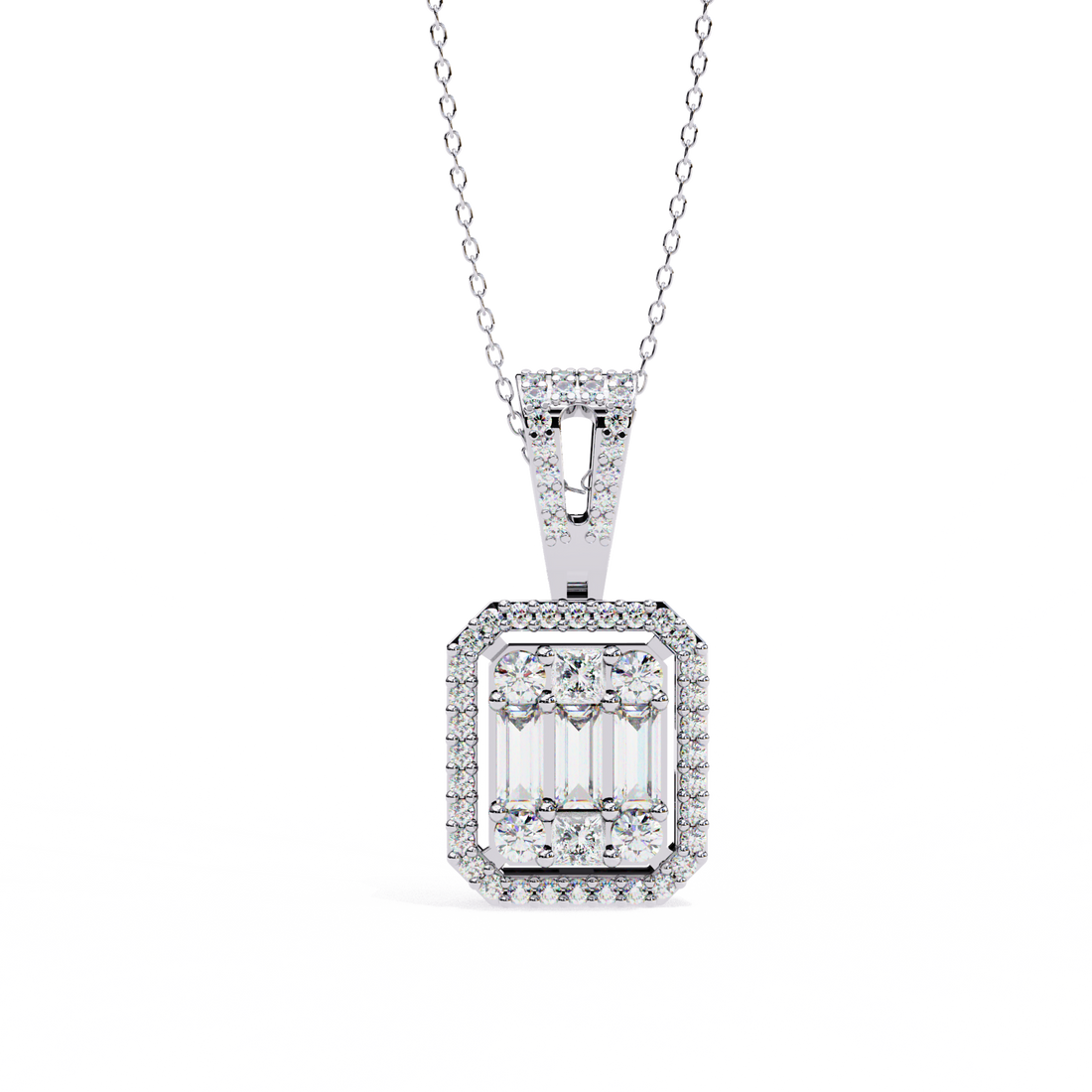 Royal Gleam Baguette Halo Necklace | 925 Sterling Silver
