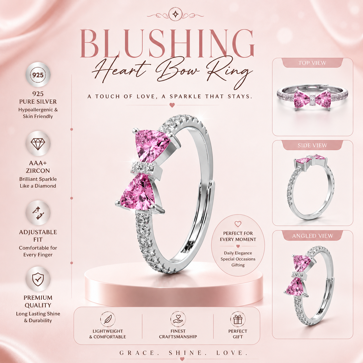 Orope's Blushing Heart Bow Ring | Made with 925 Pure Sterling Silver ( SIZE is Adjustable)