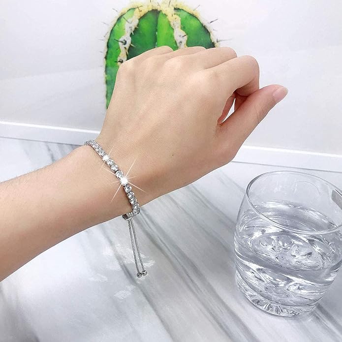 Sterling Silver Cubic Zirconia Adjustable Tennis Bracelet ( Pure Silver)