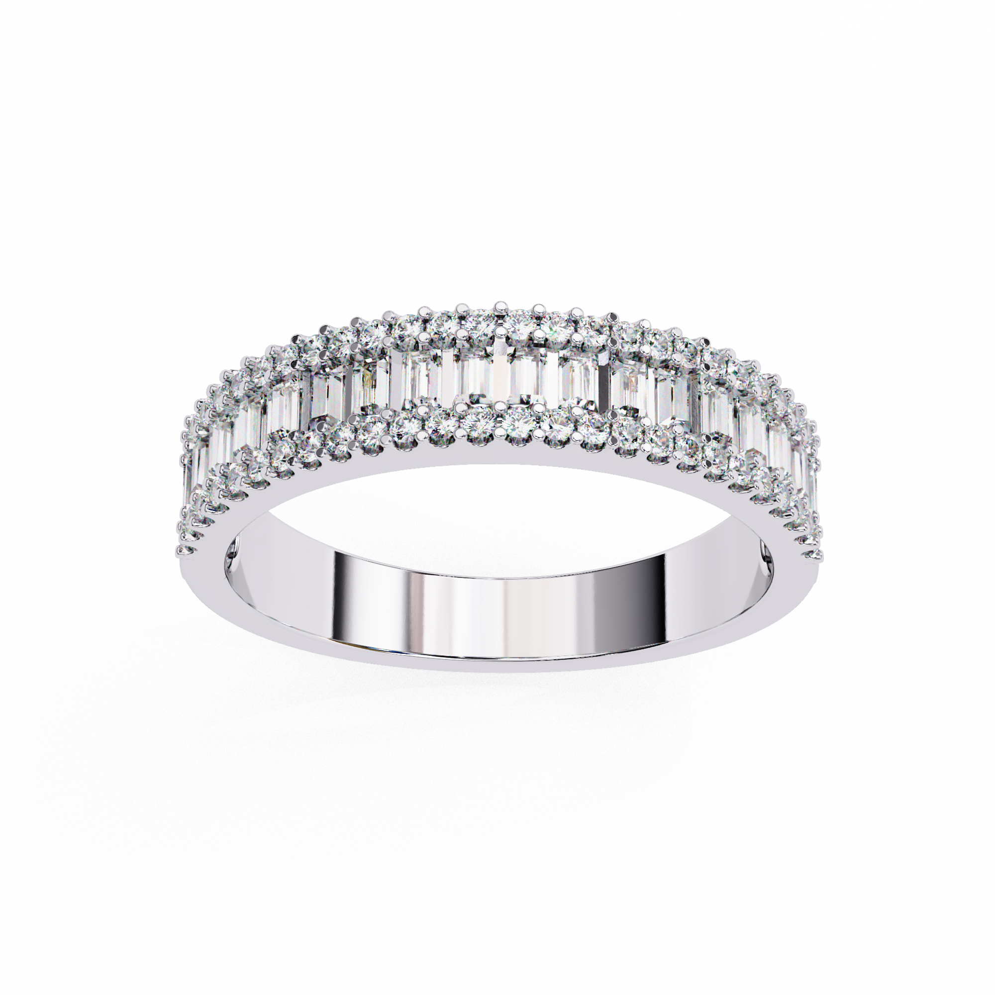Baguette cut half eternity silver ring with round stone accents