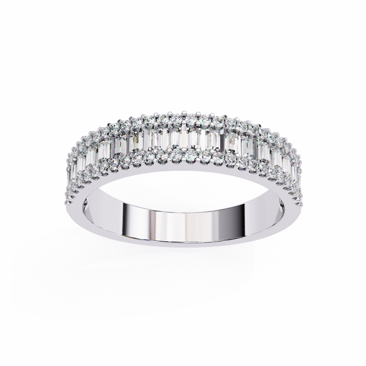 Baguette cut half eternity silver ring with round stone accents