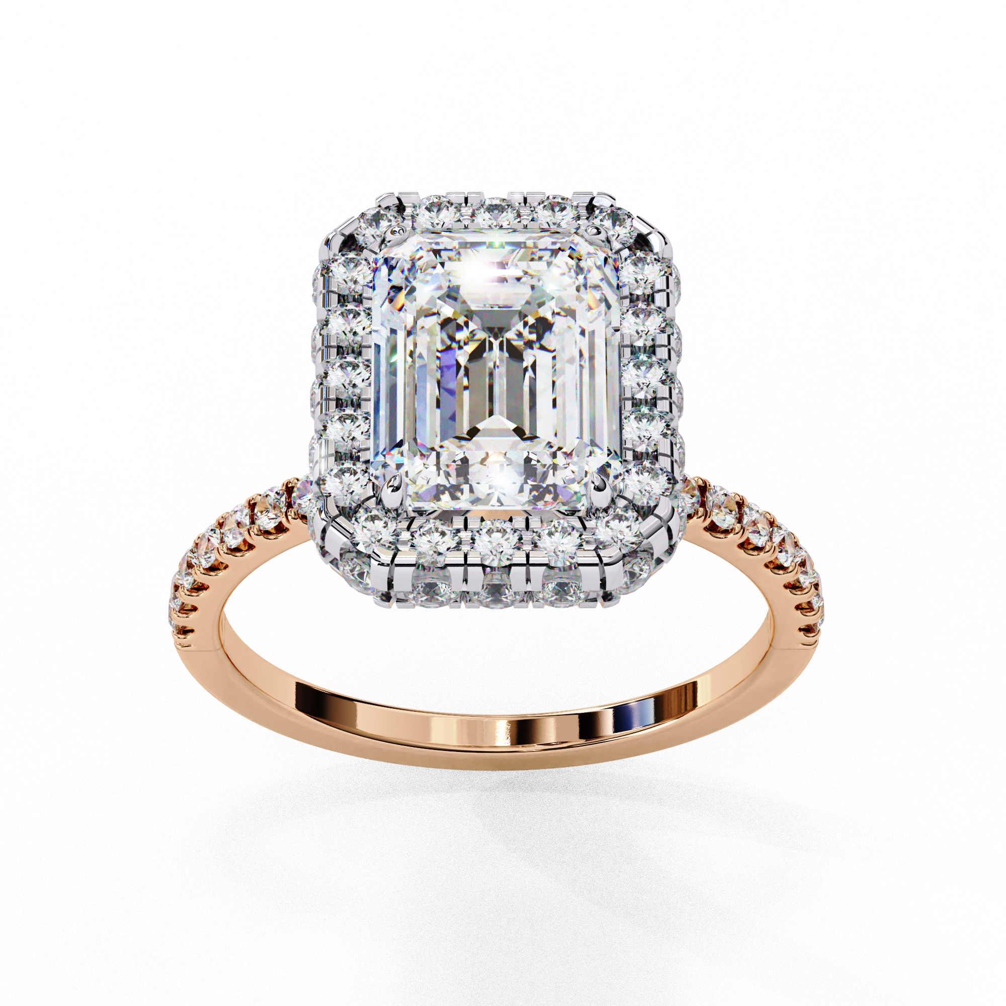 Emerald Cut Halo Diamond Ring with Pave Band | 925 Sterling Silver