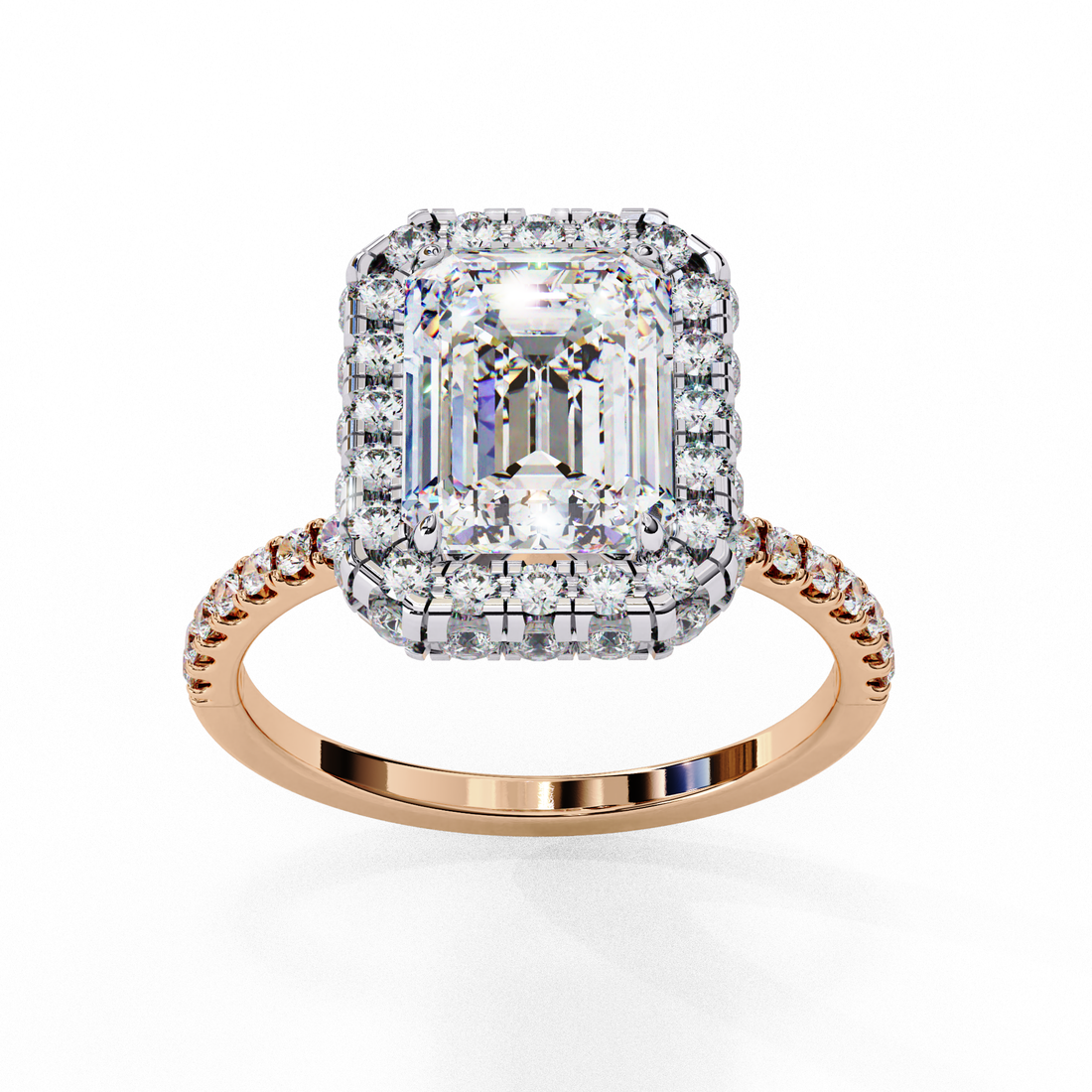 Emerald Cut Halo Diamond Ring with Pave Band | 925 Sterling Silver