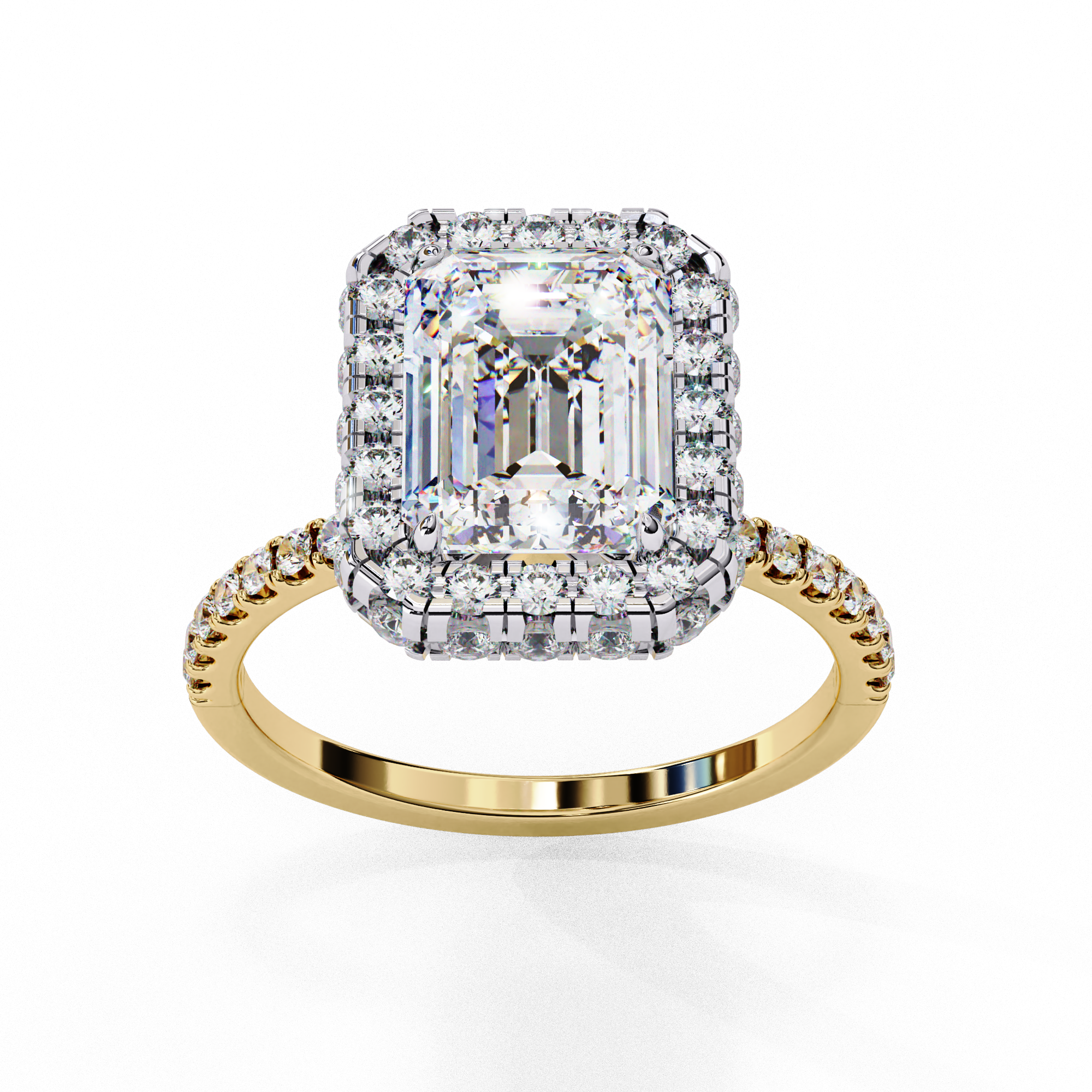 Emerald Cut Halo Diamond Ring with Pave Band | 925 Sterling Silver