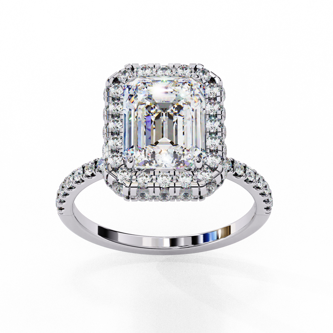Emerald Cut Halo Diamond Ring with Pave Band | 925 Sterling Silver