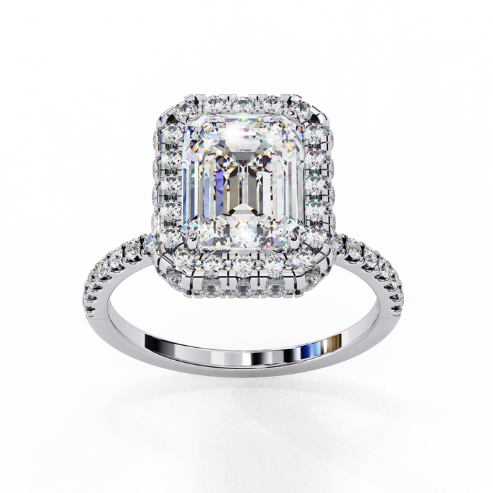 Emerald Cut Halo Diamond Ring with Pave Band | 925 Sterling Silver