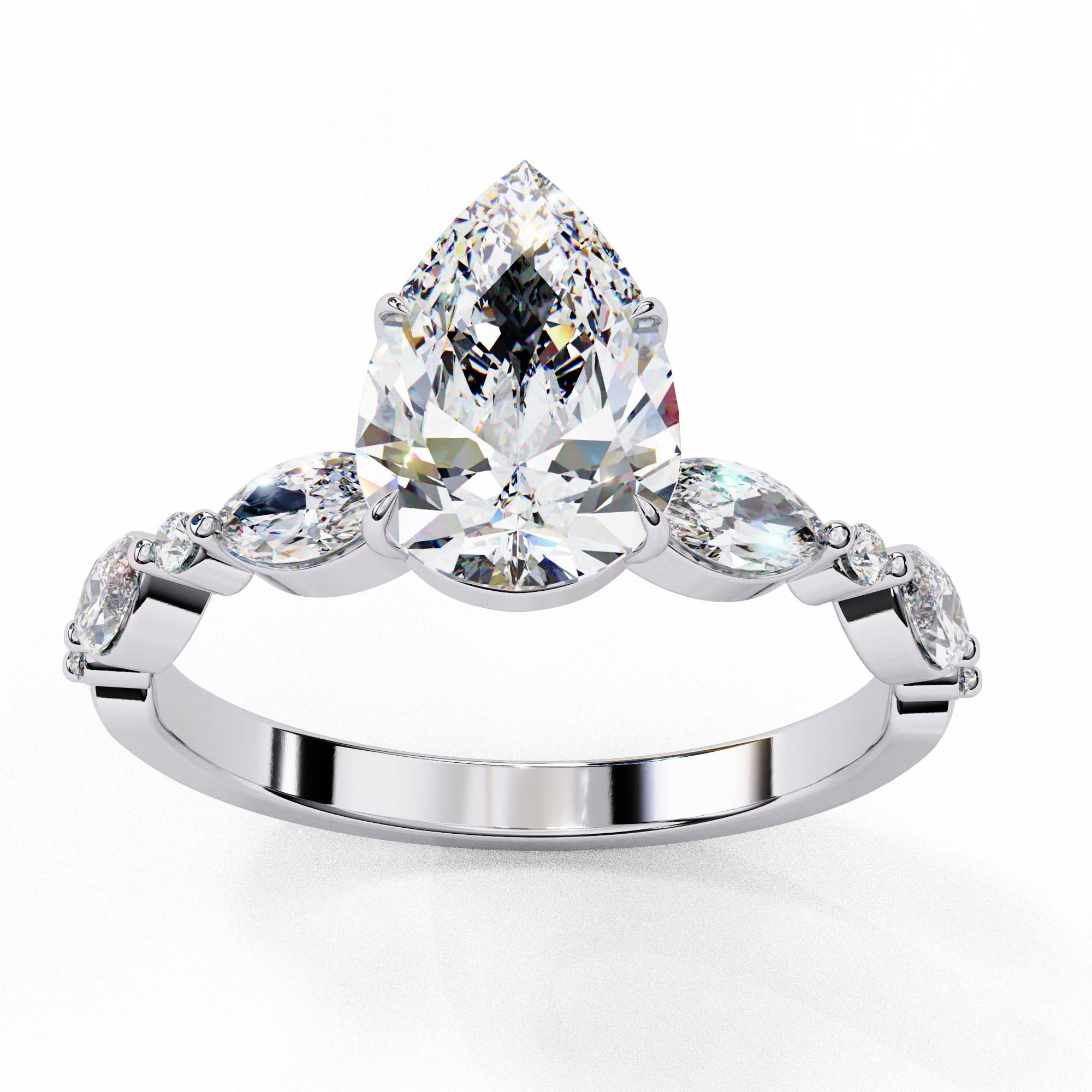Pear Cut Solitaire Ring with Marquise Side Stones | 925 Sterling Silver