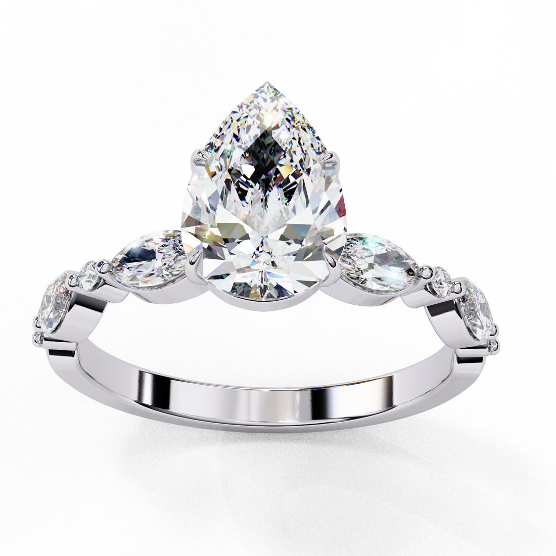 Pear Cut Solitaire Ring with Marquise Side Stones | 925 Sterling Silver