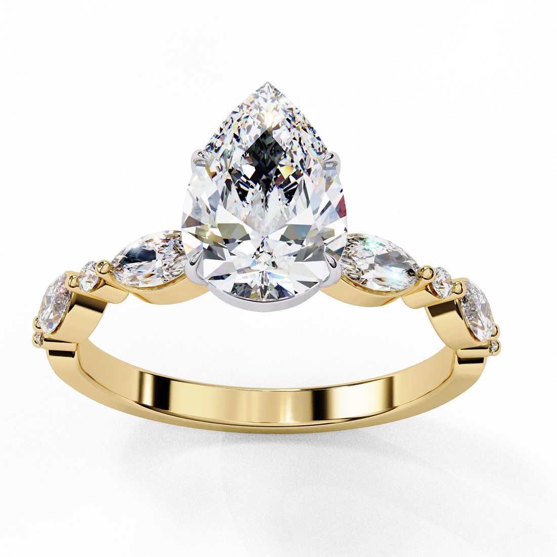 Pear Cut Solitaire Ring with Marquise Side Stones | 925 Sterling Silver