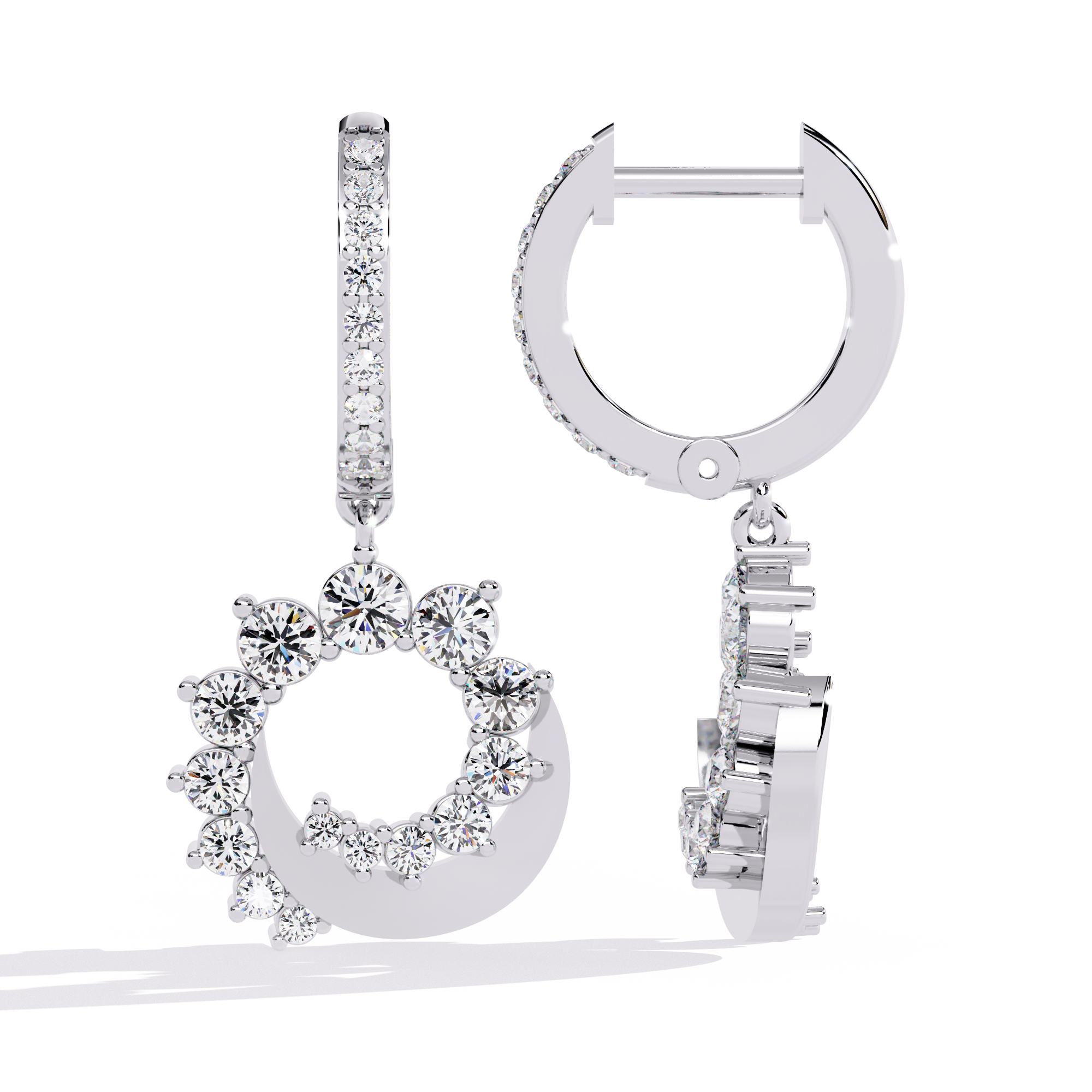 Celestial Crescent Diamond Hoop Drop Earrings | 925 Sterling Silver