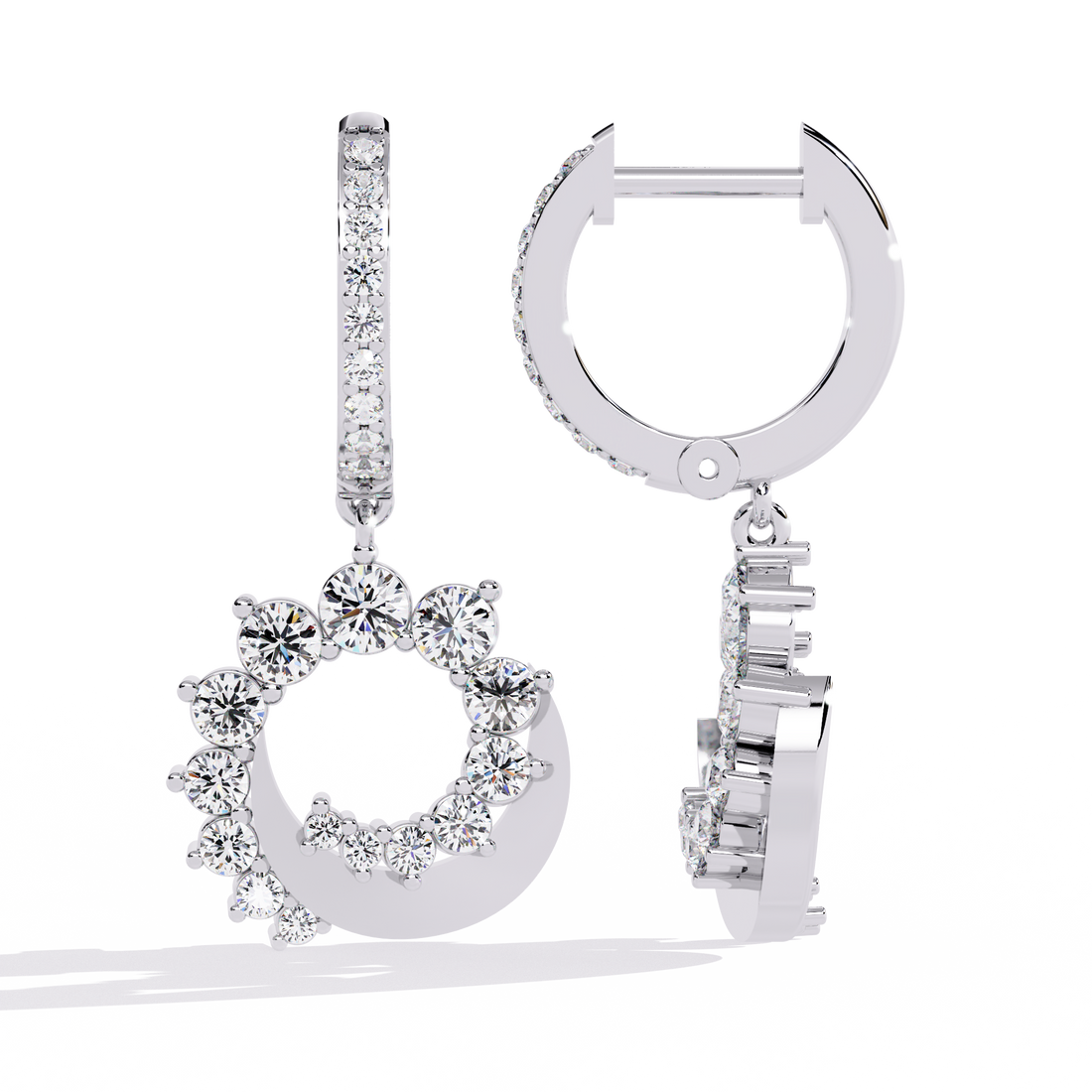 Celestial Crescent Diamond Hoop Drop Earrings | 925 Sterling Silver