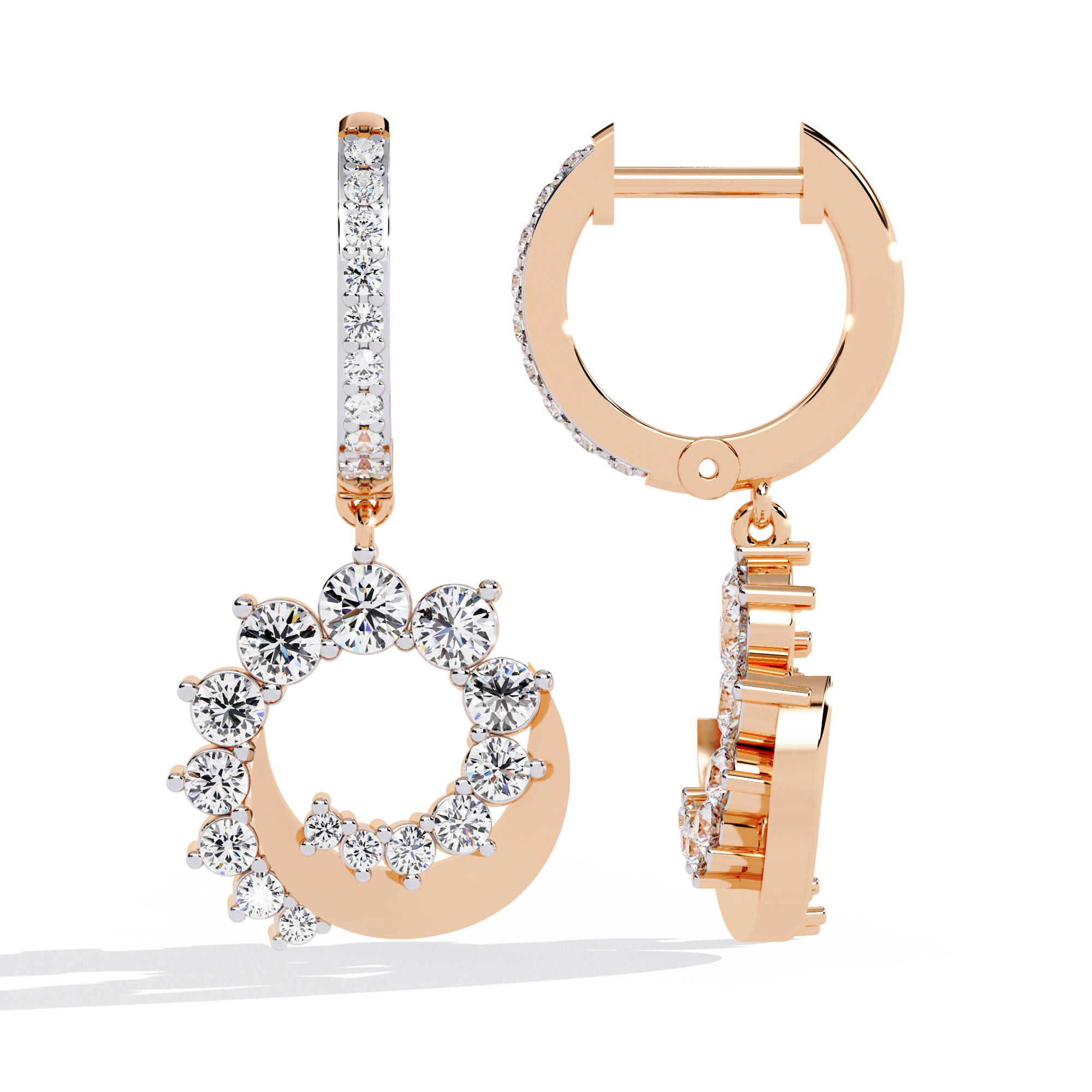 Celestial Crescent Diamond Hoop Drop Earrings | 925 Sterling Silver