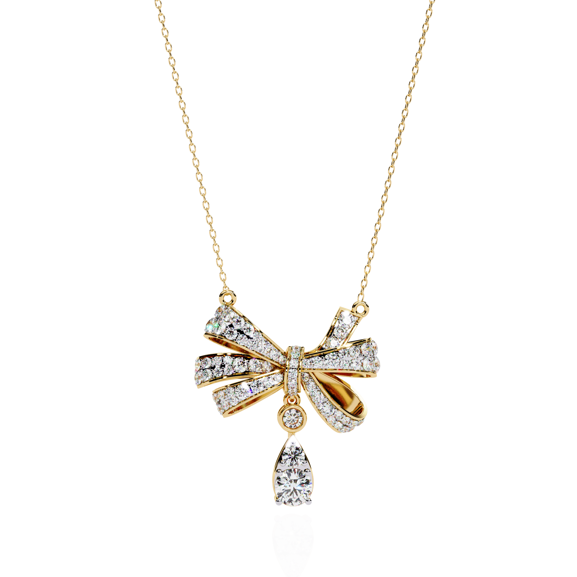 Elegant Diamond Bow Pendant Necklace with Teardrop Drop | 925 Sterling Silver