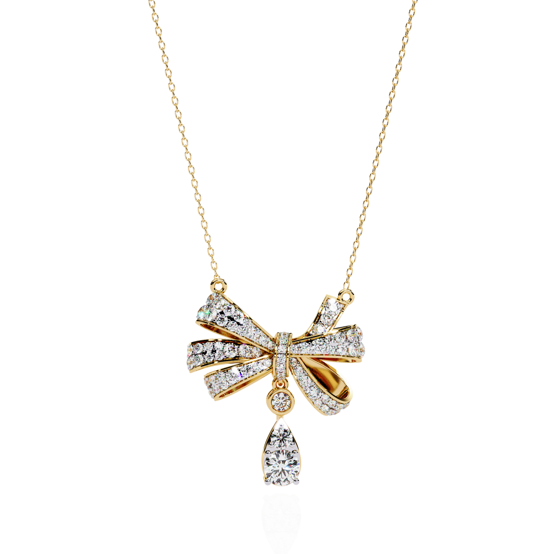 Elegant Diamond Bow Pendant Necklace with Teardrop Drop | 925 Sterling Silver