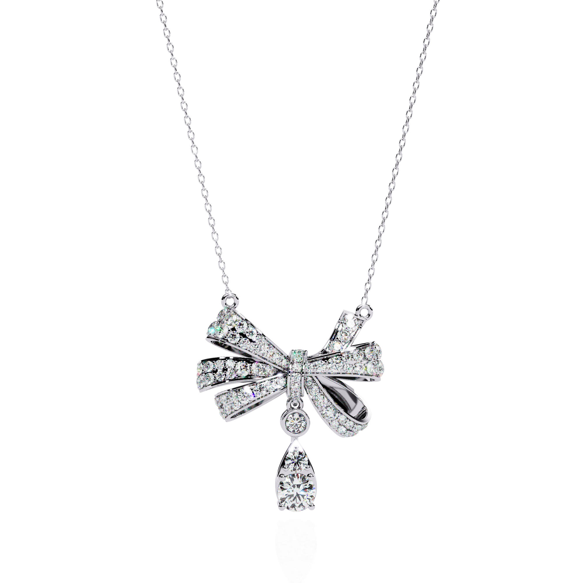 Elegant Diamond Bow Pendant Necklace with Teardrop Drop | 925 Sterling Silver