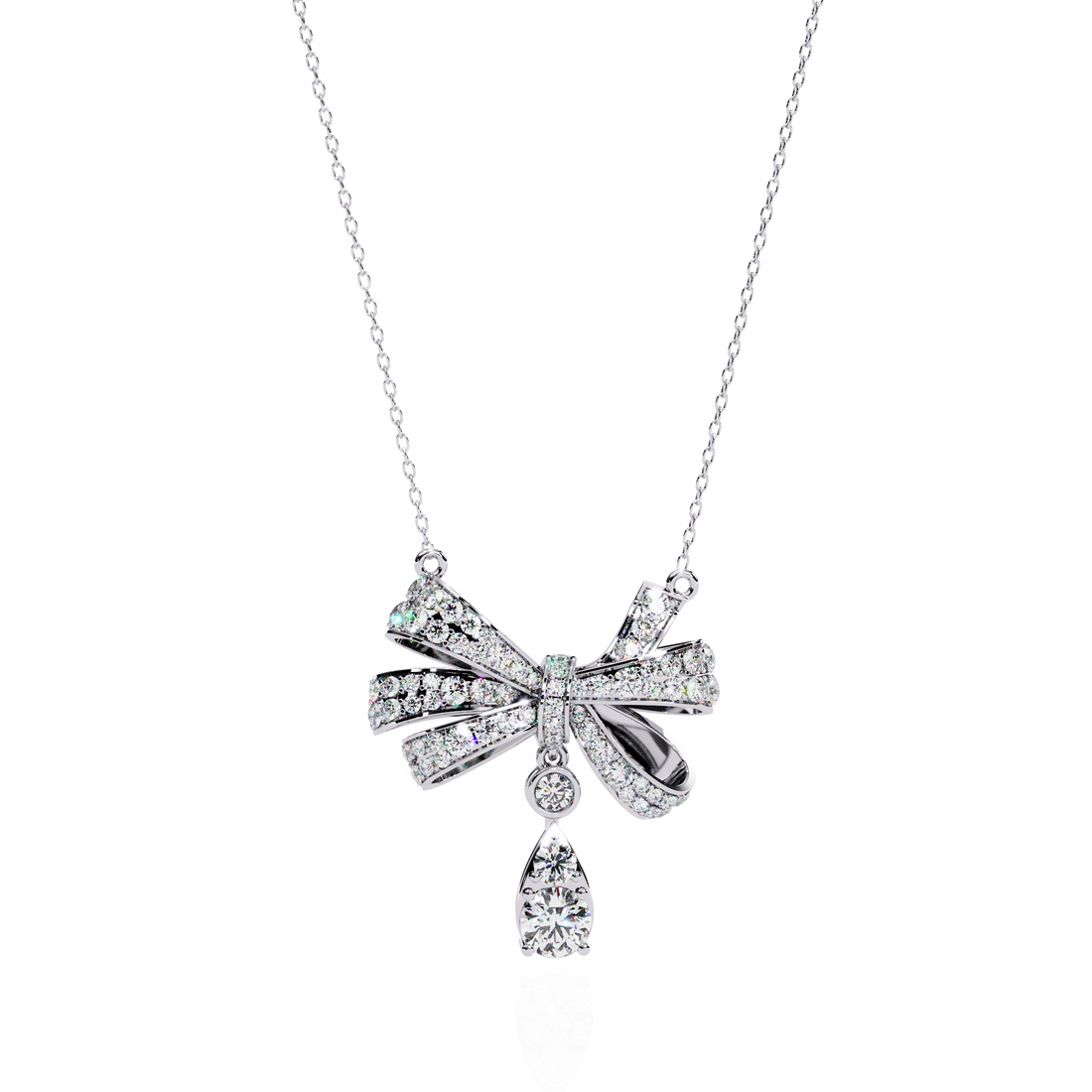 Elegant Diamond Bow Pendant Necklace with Teardrop Drop | 925 Sterling Silver