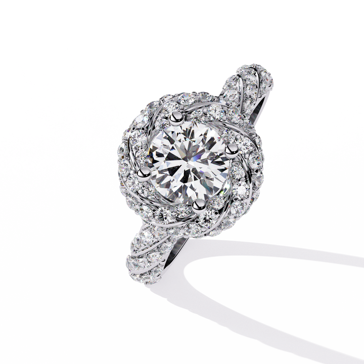 Radiant Swirl Halo Round-Cut Diamond Ring | 925 Pure Sterling Silver