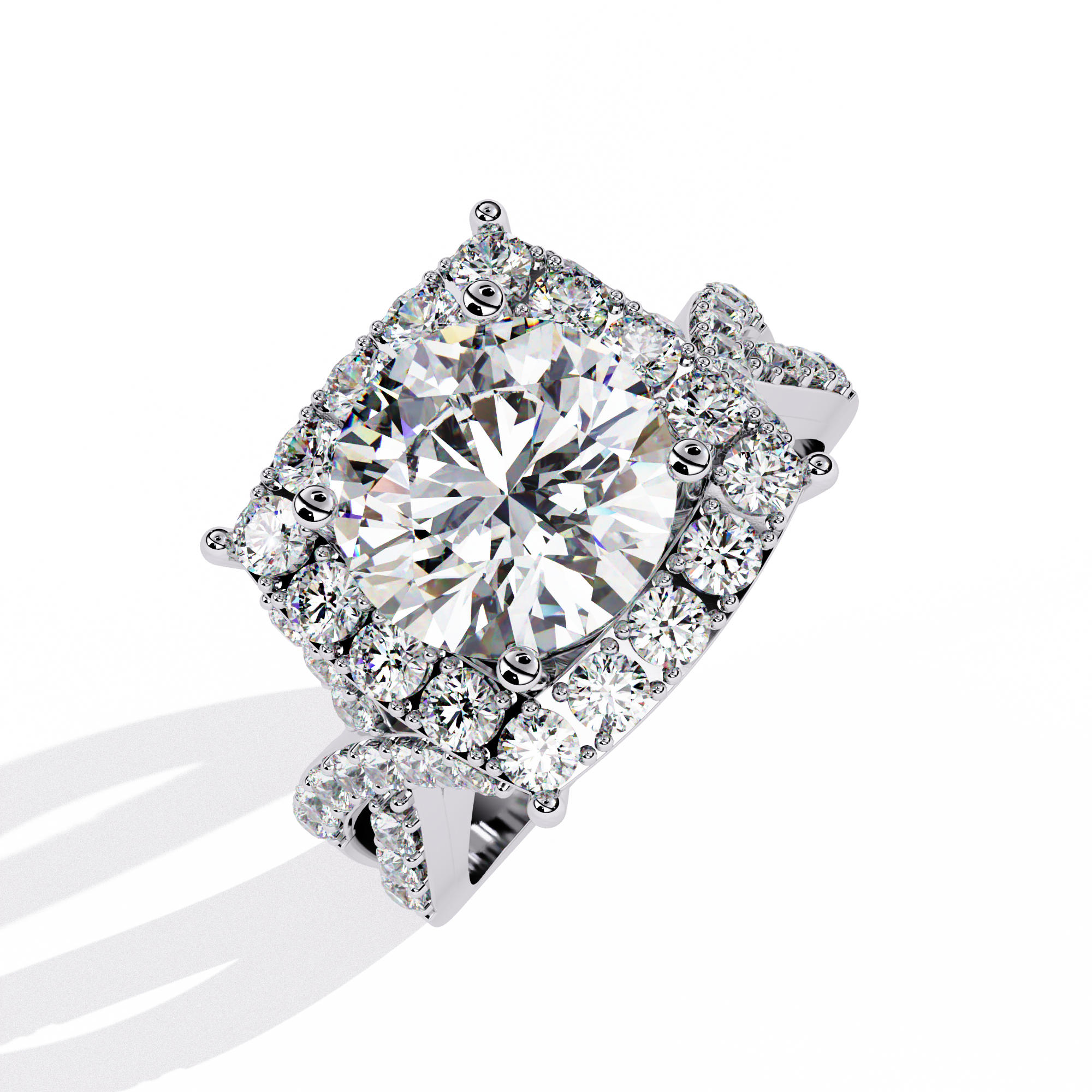 Regal Halo Round-Cut Diamond Ring with Double Pave Band