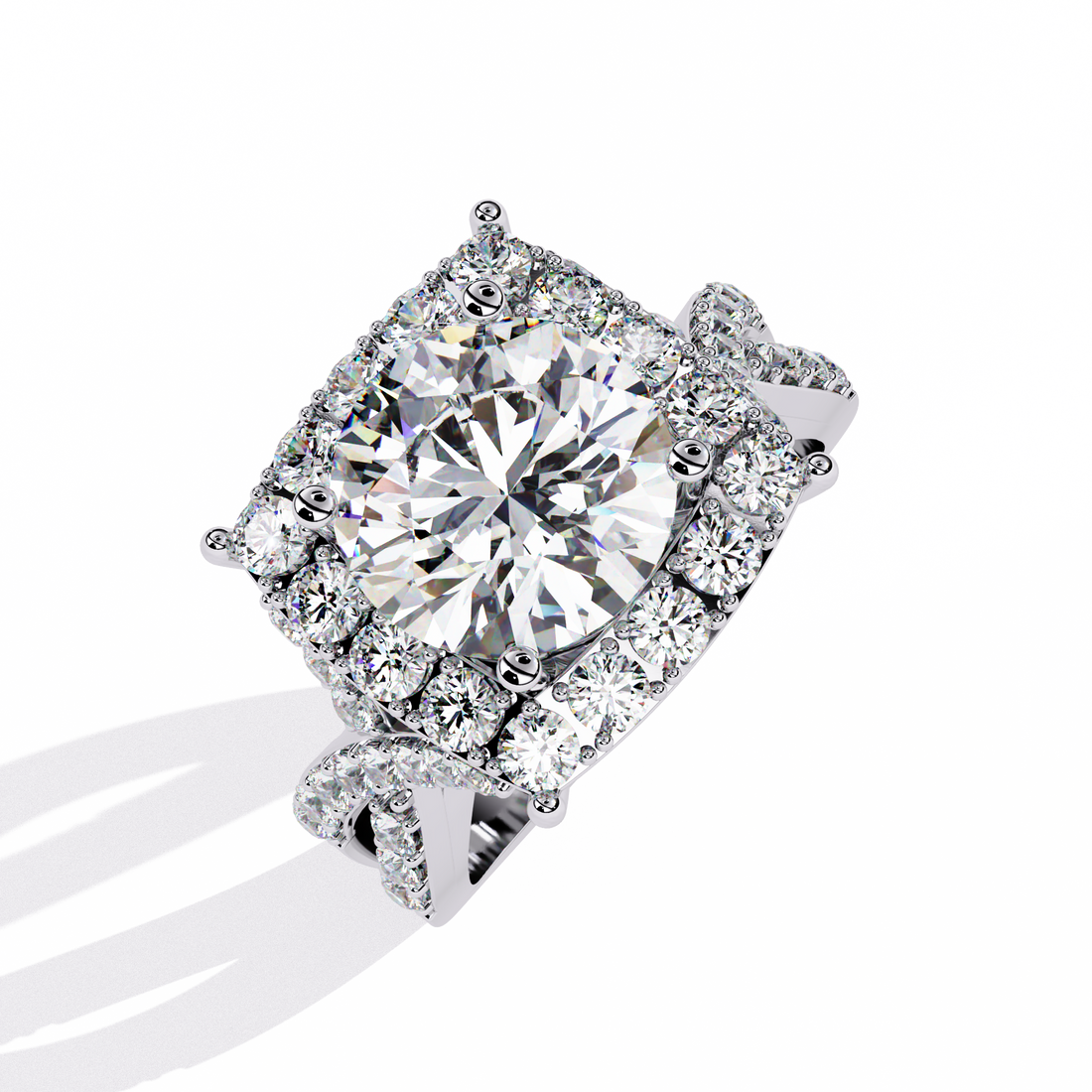 Regal Halo Round-Cut Diamond Ring with Double Pave Band