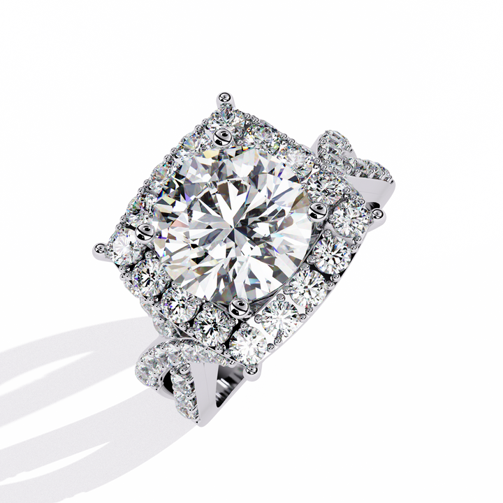 Regal Halo Round-Cut Diamond Ring with Double Pave Band