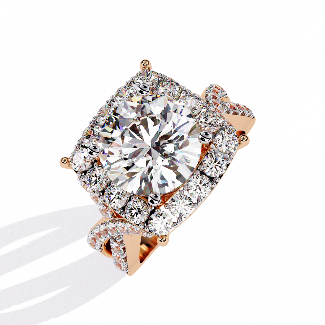 Regal Halo Round-Cut Diamond Ring with Double Pave Band
