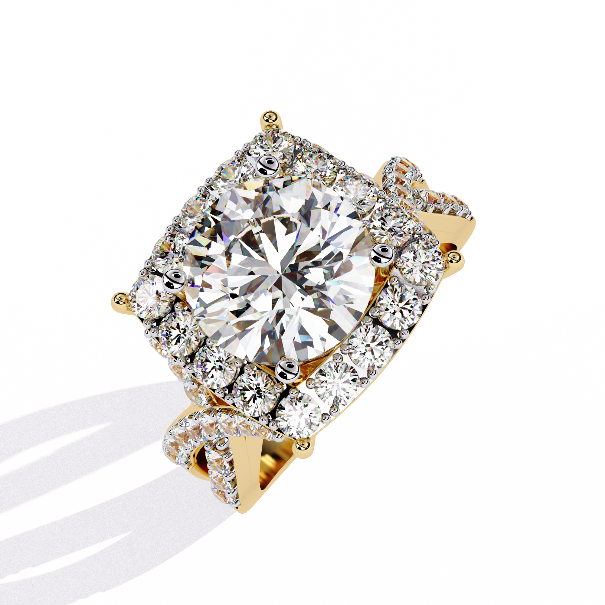 Regal Halo Round-Cut Diamond Ring with Double Pave Band