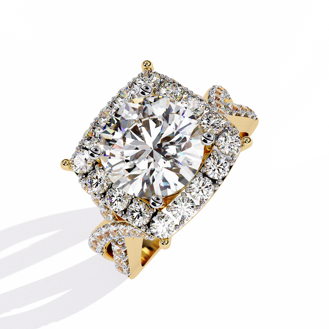 Regal Halo Round-Cut Diamond Ring with Double Pave Band