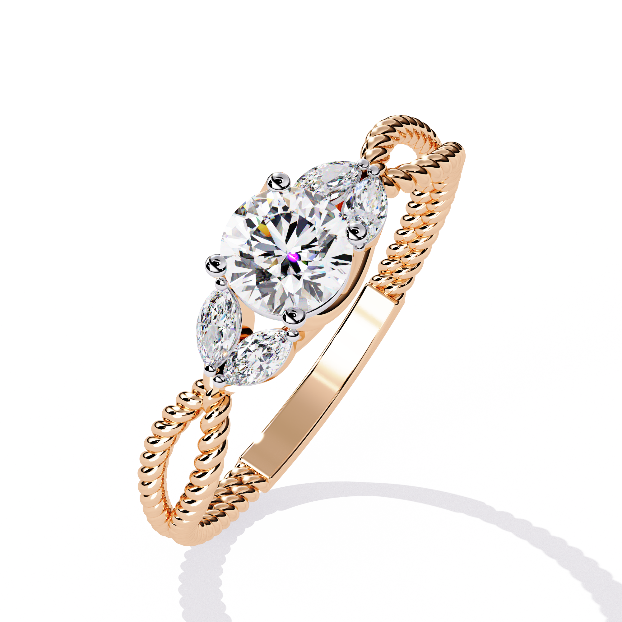 Twisted Elegance Round-Cut Diamond Ring with Marquise Accents