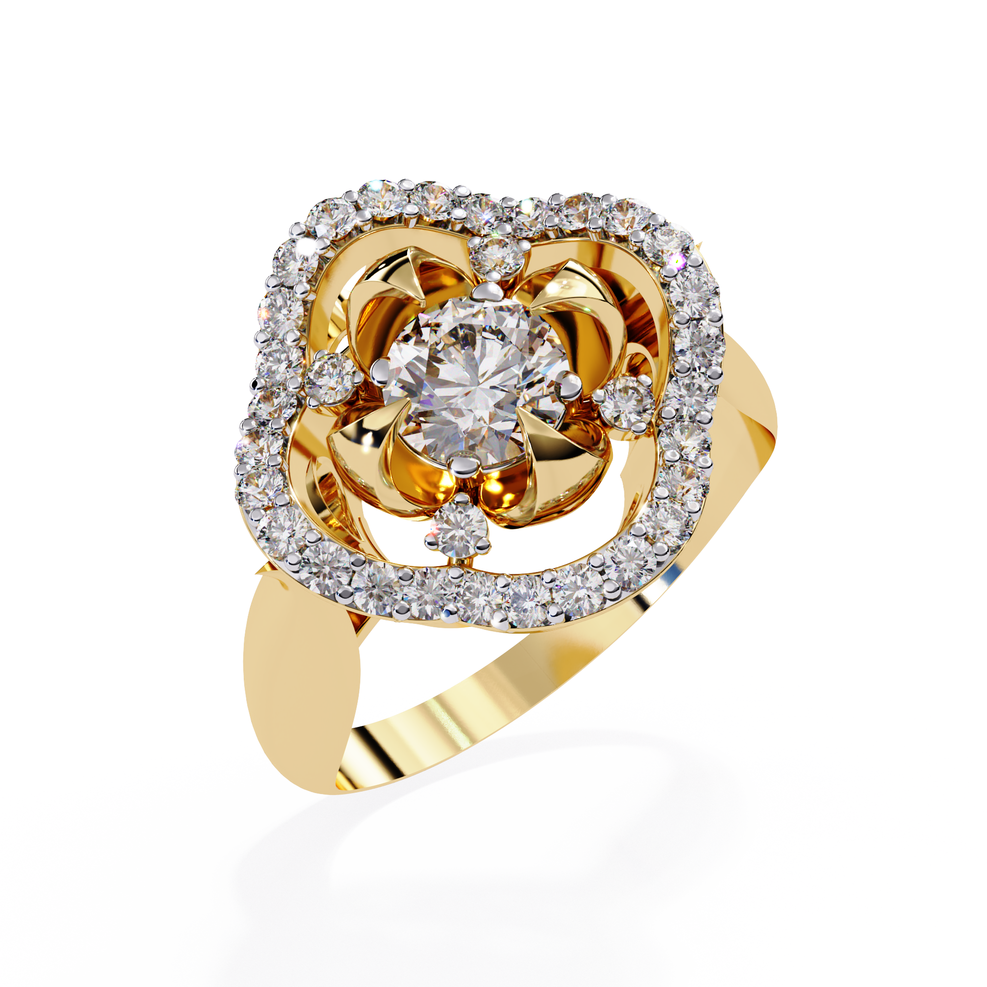 Floral Halo Round-Cut Diamond Ring with Sculpted Petal Setting
