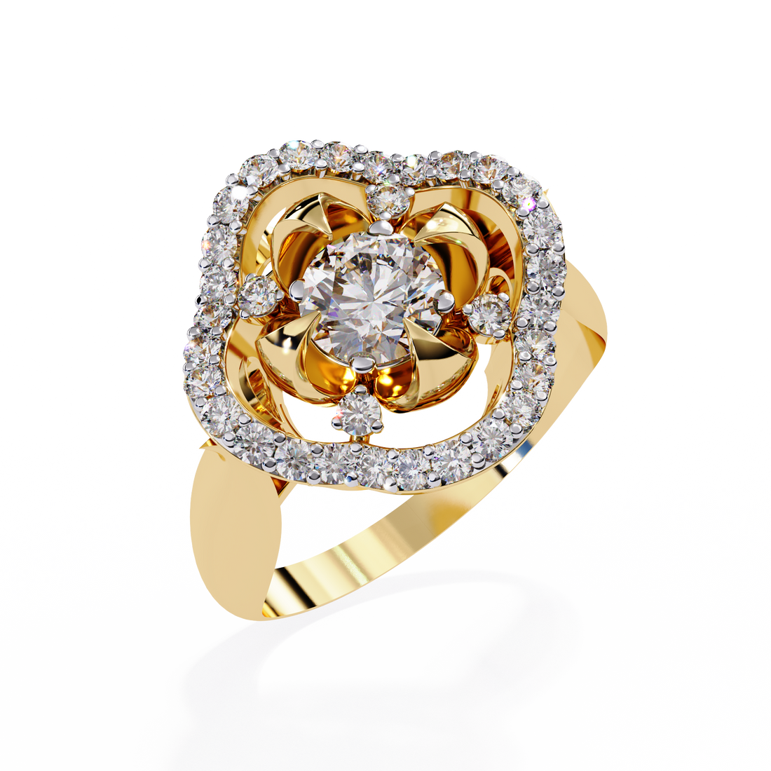 Floral Halo Round-Cut Diamond Ring with Sculpted Petal Setting