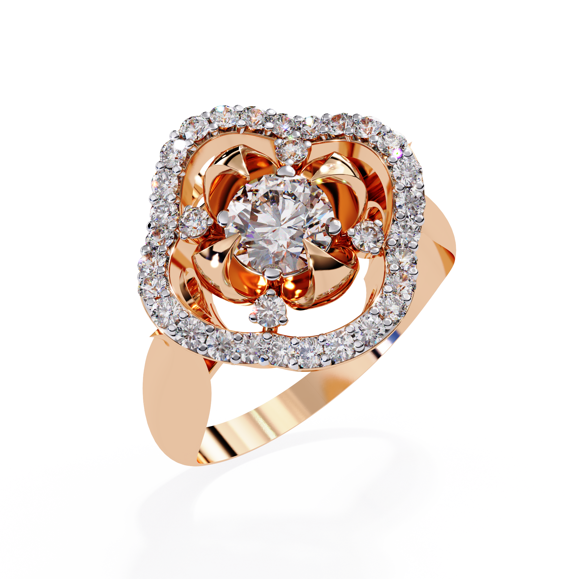 Floral Halo Round-Cut Diamond Ring with Sculpted Petal Setting