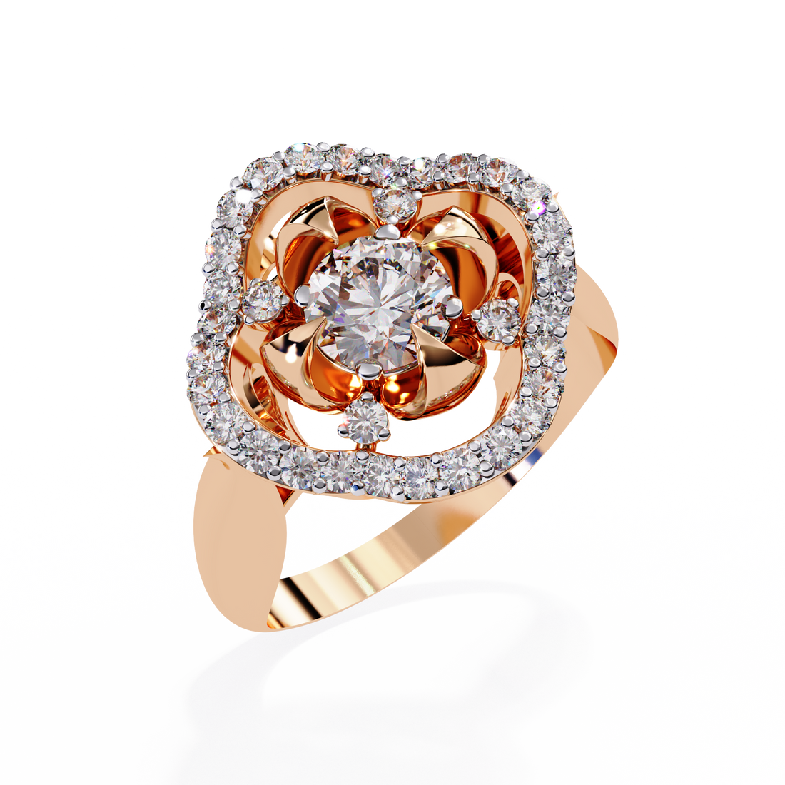 Floral Halo Round-Cut Diamond Ring with Sculpted Petal Setting