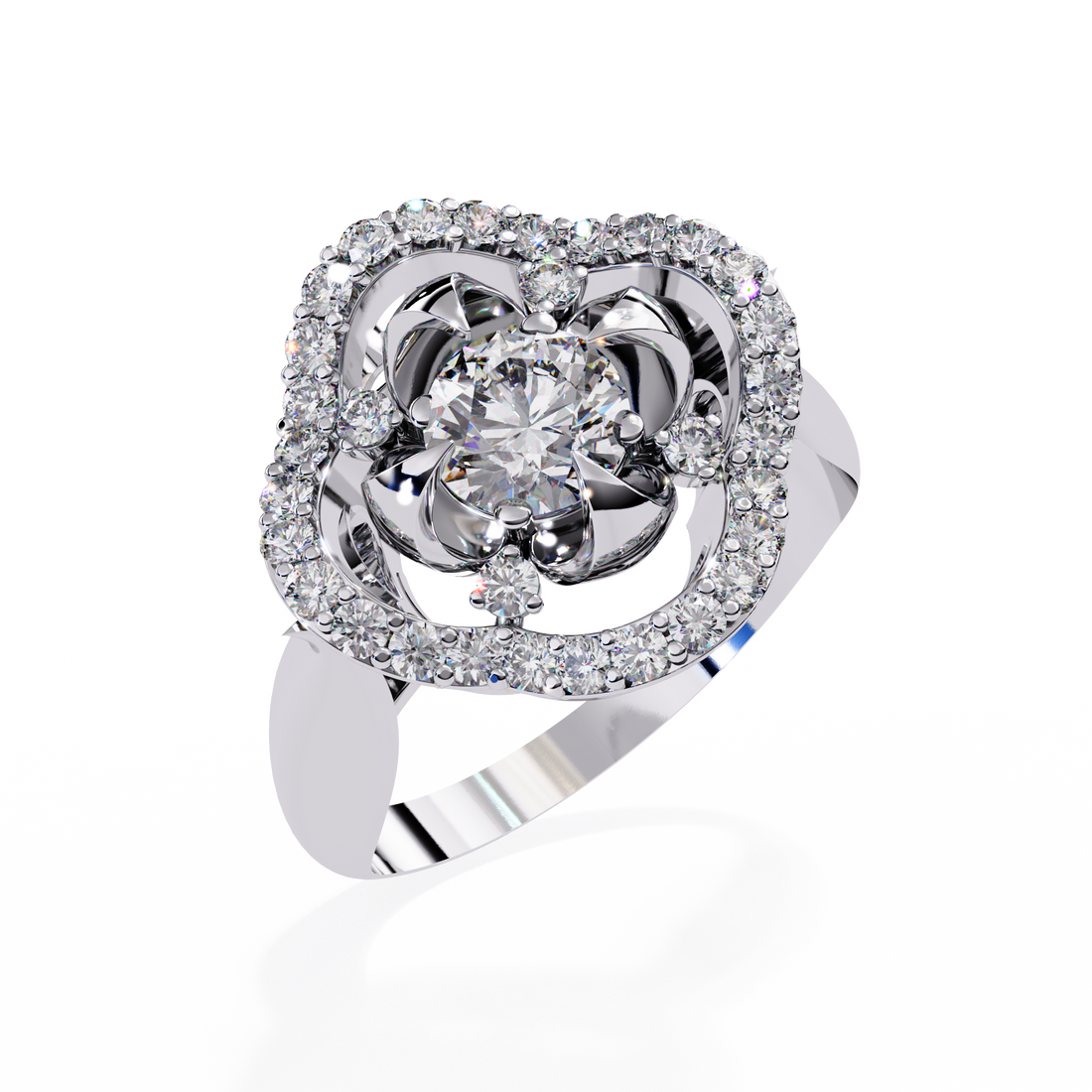 Floral Halo Round-Cut Diamond Ring with Sculpted Petal Setting