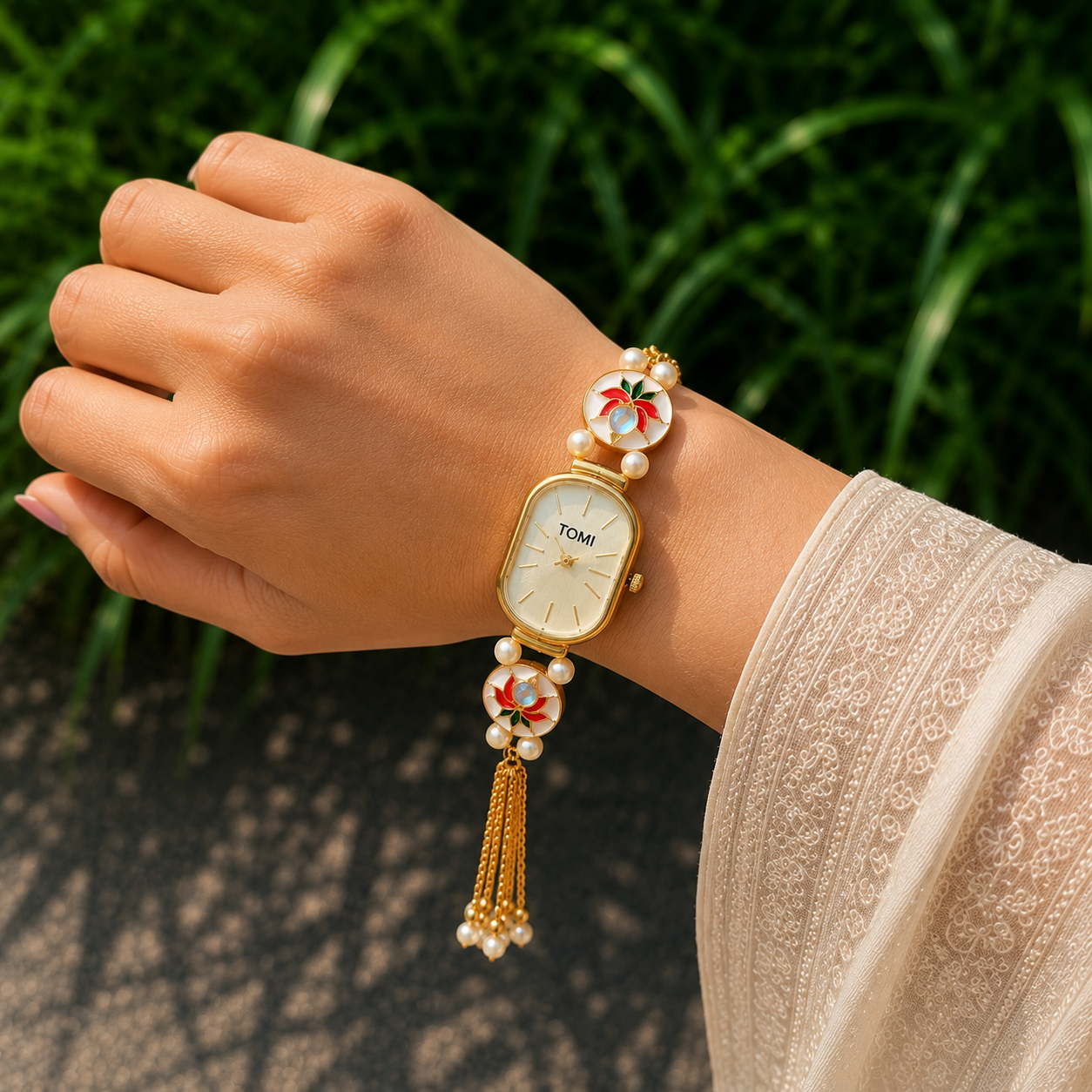 Lotus Meenakari Pearl Watch | Traditional Kundan Watch for Women