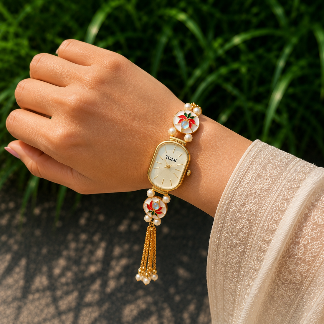 Lotus Meenakari Pearl Watch | Traditional Kundan Watch for Women