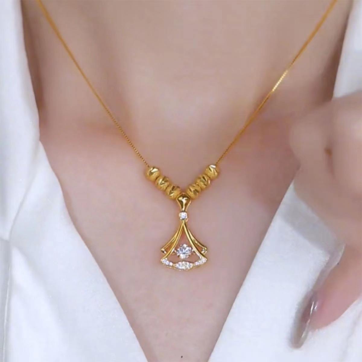18k Gold Plated Beaded Beats Dancing Zircon Diamond Lucky Ginkgo Leaf Necklace