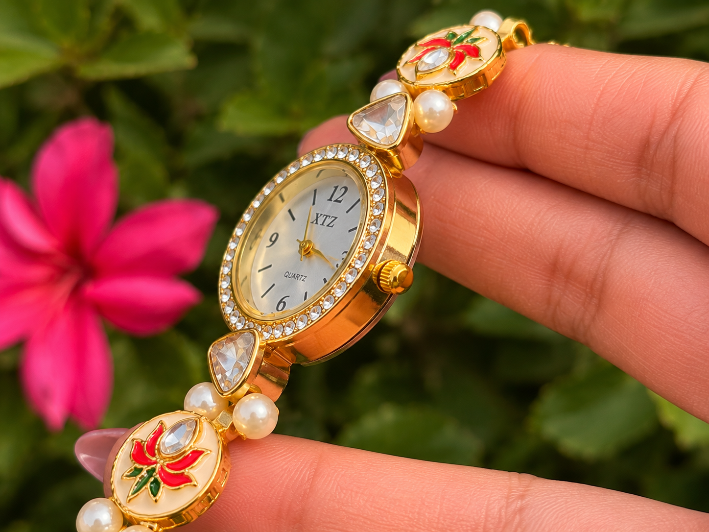 pearl kundan tassel watch