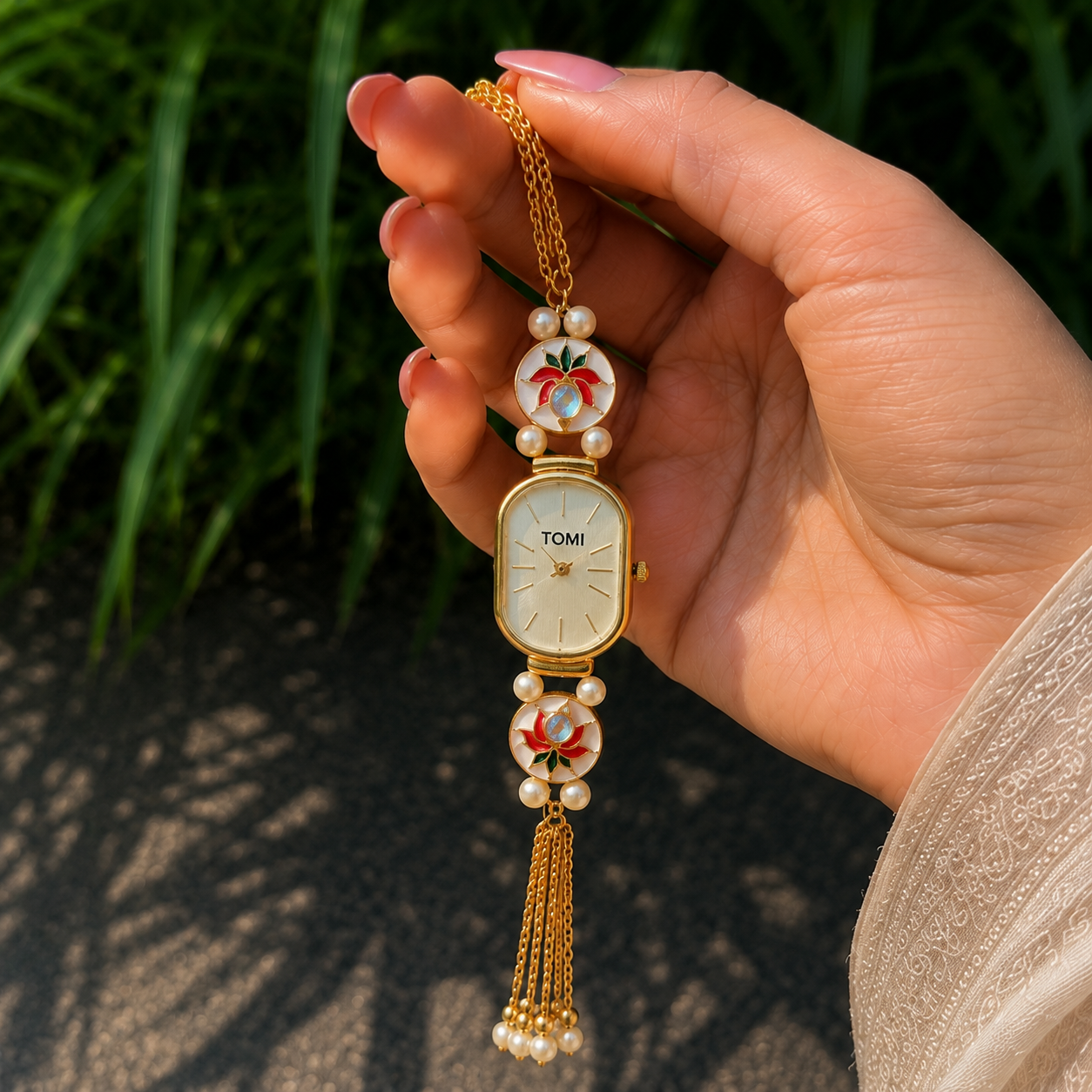 Lotus Meenakari Pearl Watch | Traditional Kundan Watch for Women