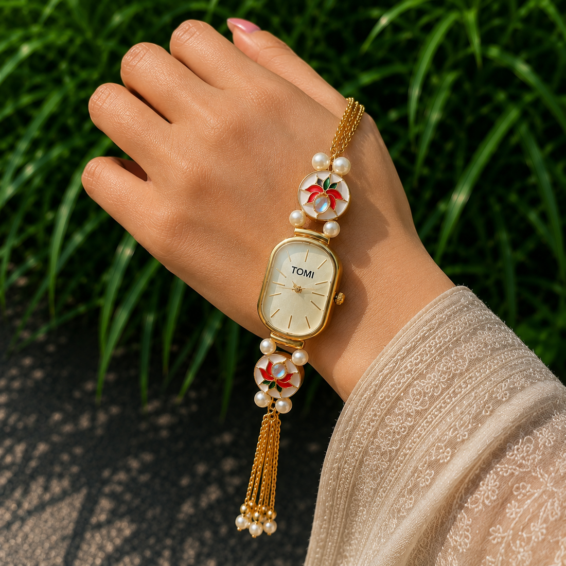 Lotus Meenakari Pearl Watch | Traditional Kundan Watch for Women