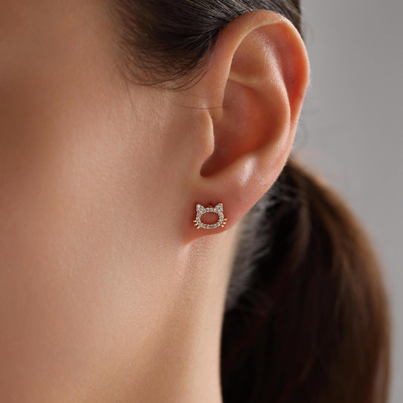 Orope’s Tiny Cat Pave Stud Earrings made with 925 Pure Sterling Silver