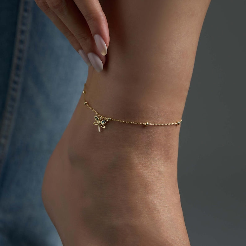 Orope’s Dragonfly Gold Anklet made with 925 Pure Sterling Silver