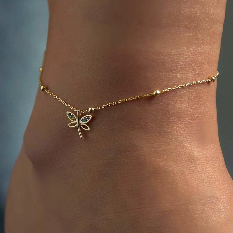 Orope’s Dragonfly Gold Anklet made with 925 Pure Sterling Silver
