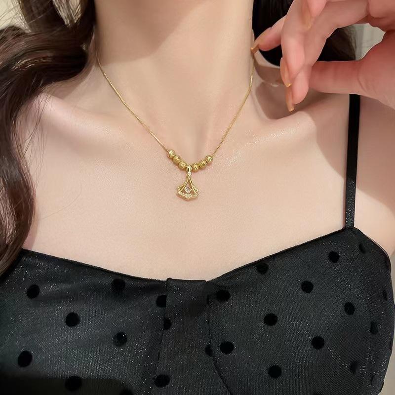 18k Gold Plated Beaded Beats Dancing Zircon Diamond Lucky Ginkgo Leaf Necklace