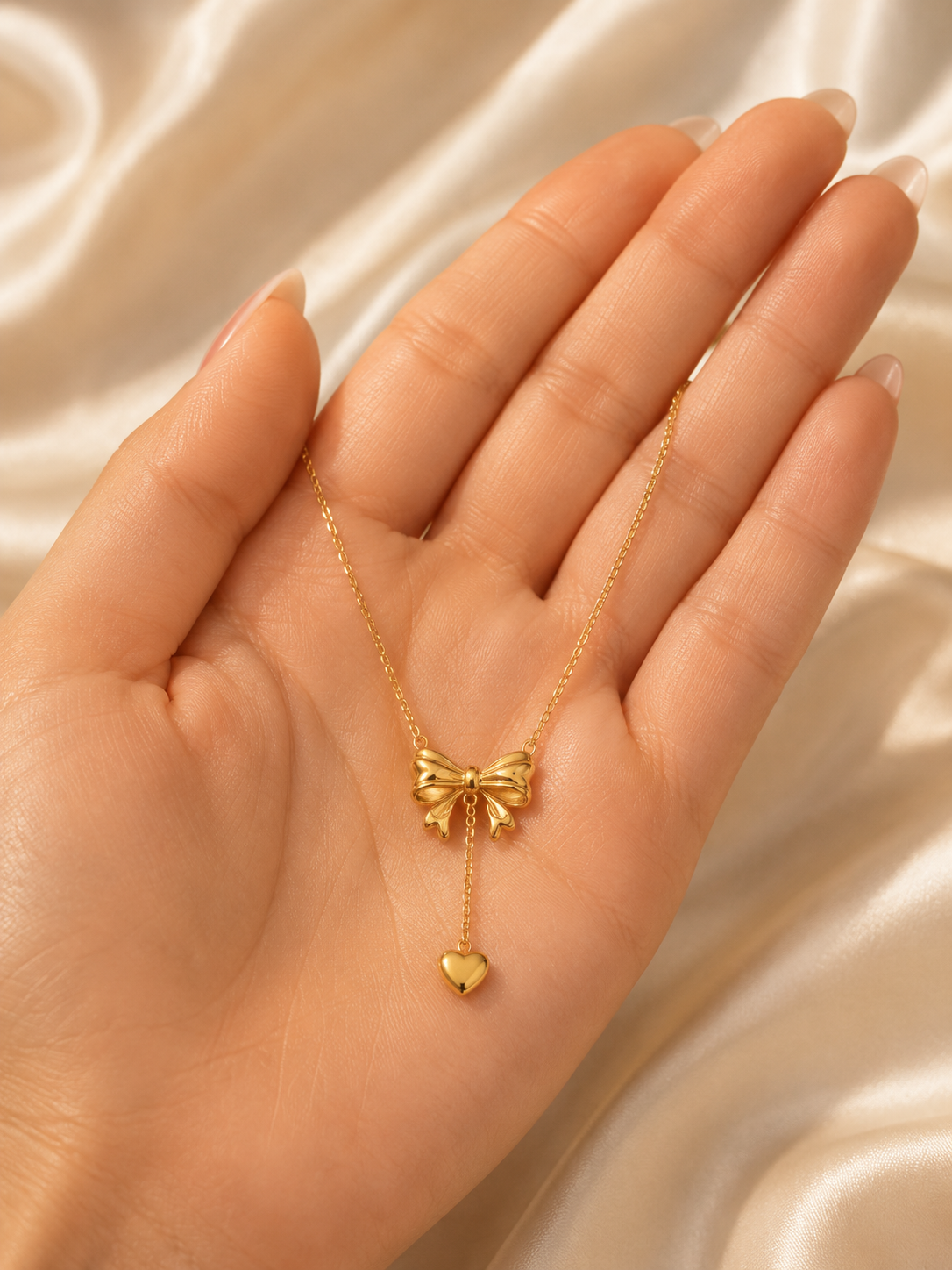 gold bow heart charm necklace