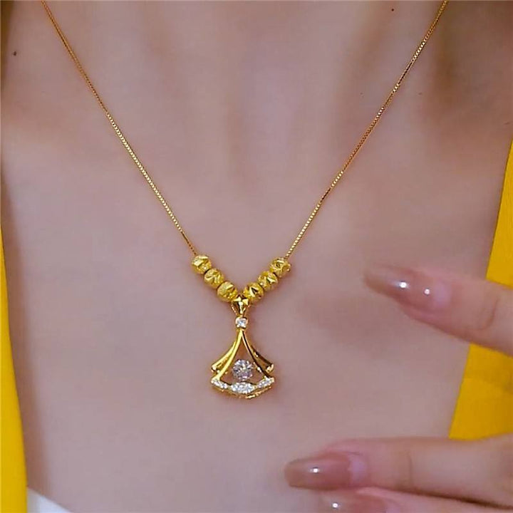 18k Gold Plated Beaded Beats Dancing Zircon Diamond Lucky Ginkgo Leaf Necklace